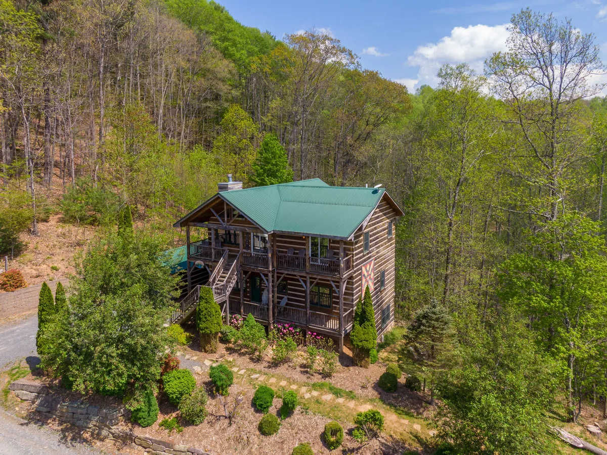 An attractive log cabin with a green roof nestled among trees and a landscaped garden. The view emphasizes the serene mountain setting, open grounds, and scenic surroundings perfect for outdoor adventures with pets.