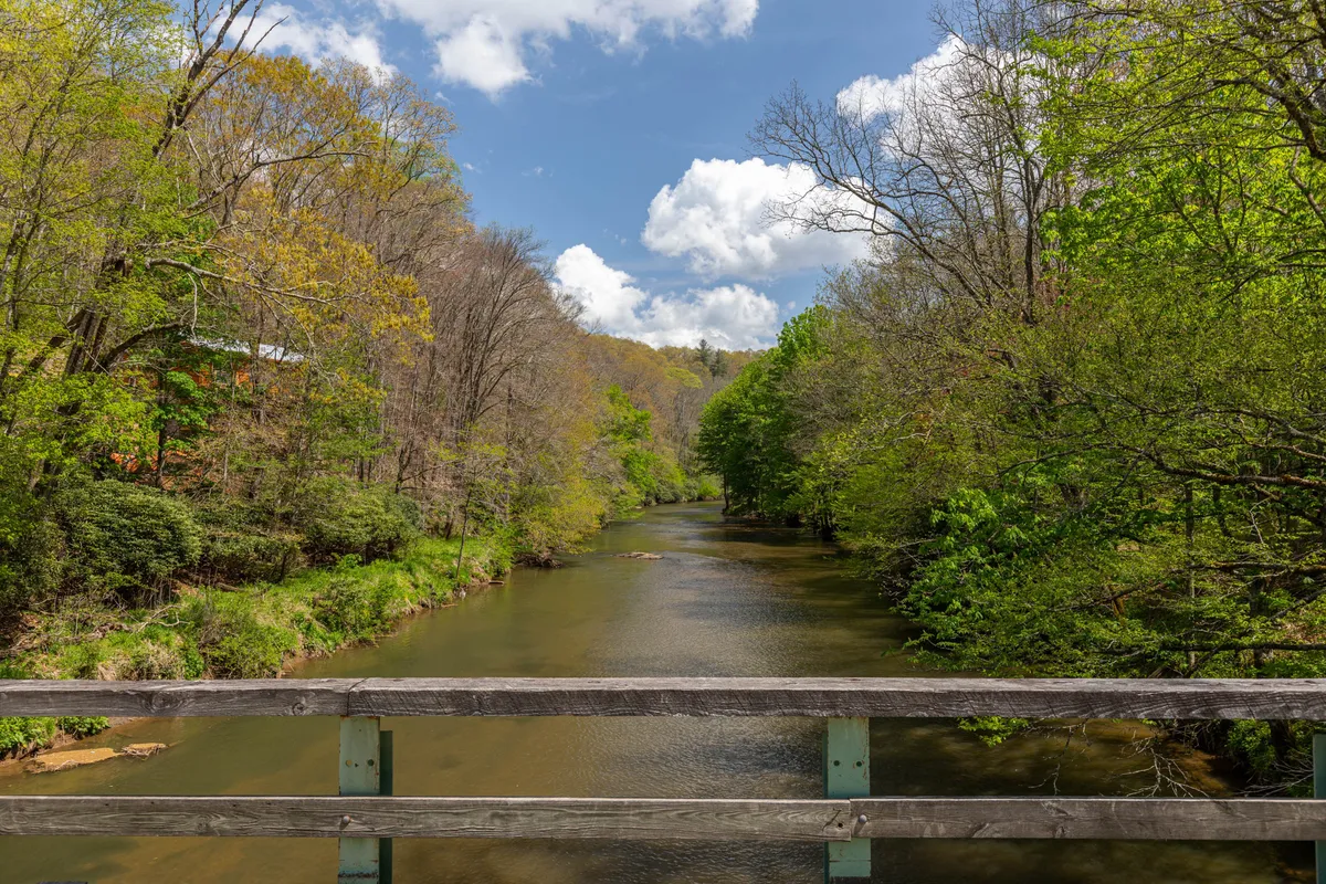 A scenic view of the gently flowing river bordered by lush green trees and an open sky. The peaceful atmosphere invites fishing, birdwatching, and riverside picnics.